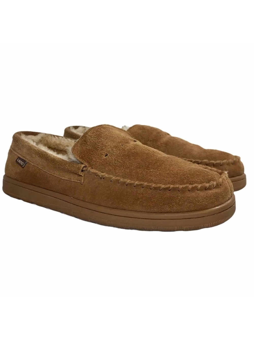LAMO Chestnut Brown Suede Moccasin Slippers  NO LACINGS Faux Fur Lined US 10
